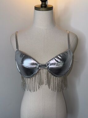 THATSSOFETCH Women’s 4 Silver Galactic Metallic Fringe Rhinestoned Bra Crop Top